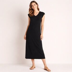 Pact Black Organic Cotton Midi Dress V-Neck Cap Sleeve S Travel Capsule Casual